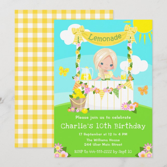 Lemonade Stand Birthday Blonde Hair Girl Invitation (Front/Back)