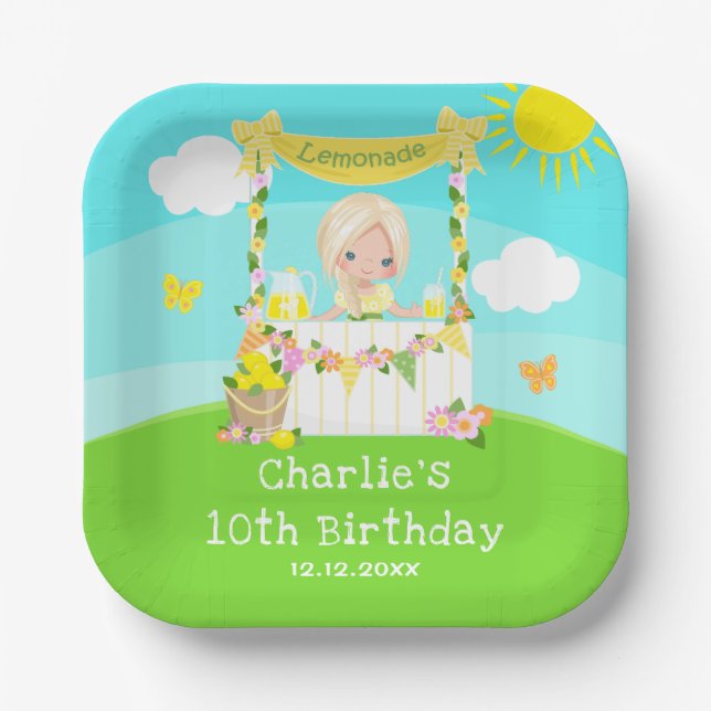 Lemonade Stand Birthday Blonde Hair Girl Paper Plate (Front)