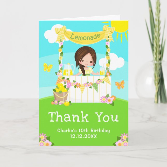 Lemonade Stand Birthday Brown Hair Girl Thank You Card (Front)