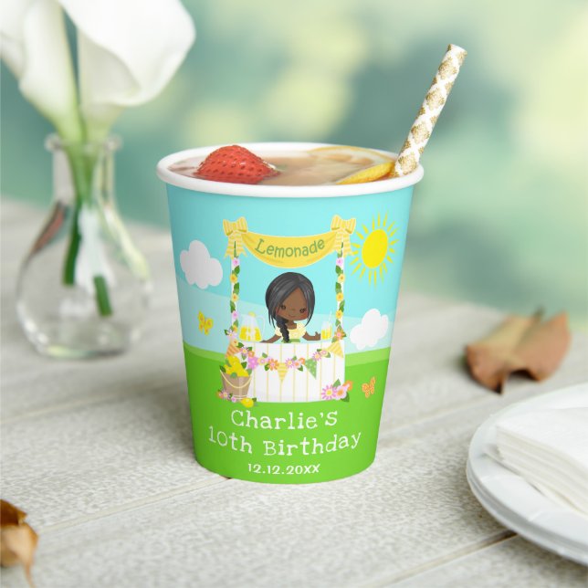 Lemonade Stand Birthday Dark Skin Girl Paper Cups (Insitu)