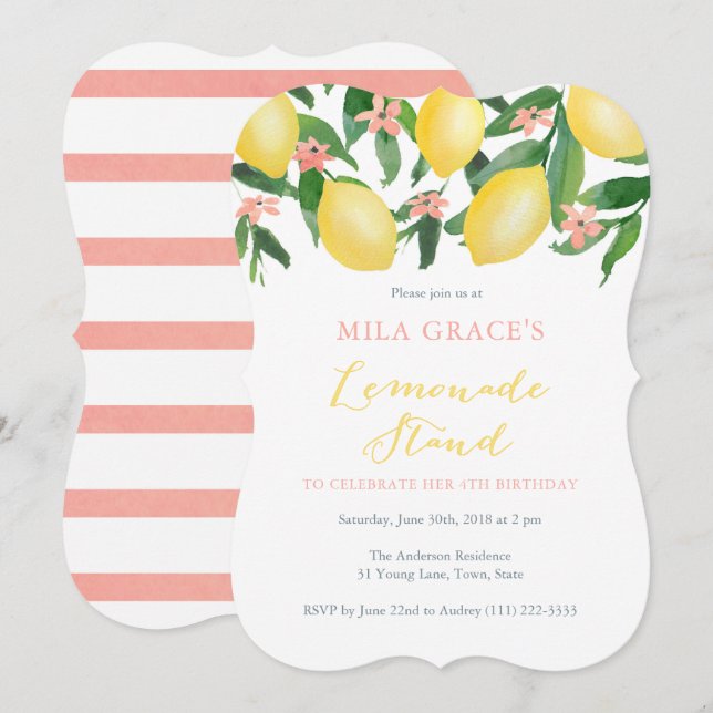 Lemonade Stand Birthday Party For Little Girl Invitation (Front/Back)