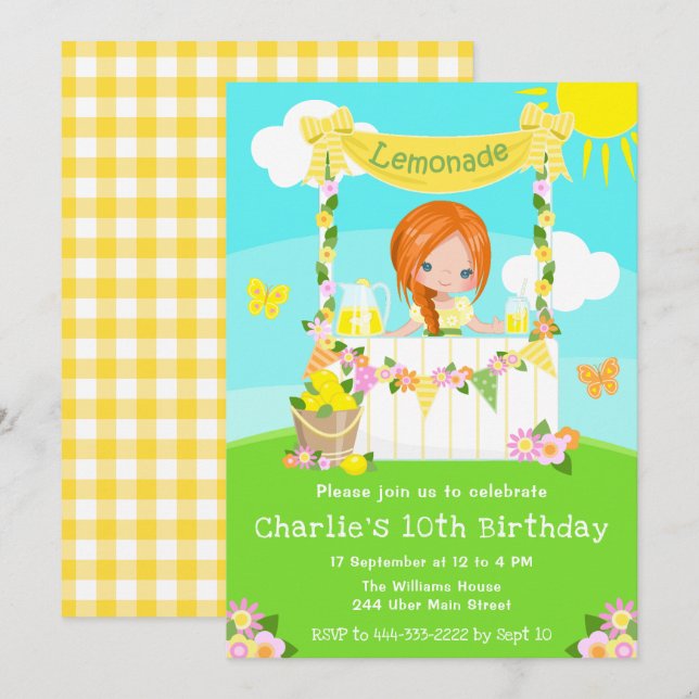 Lemonade Stand Birthday Red Hair Girl Invitation (Front/Back)