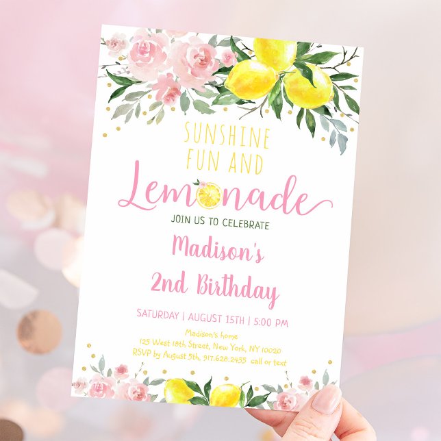 Lemonade Sunshine Pink Floral Birthday Invitation (Creator Uploaded)