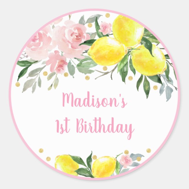 Lemonade Sunshine Pink Gold Floral Birthday Classic Round Sticker (Front)