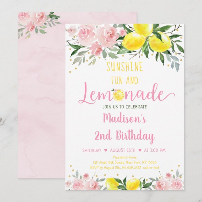 Lemonade Sunshine Pink Gold Floral Birthday Invitation (Front/Back)