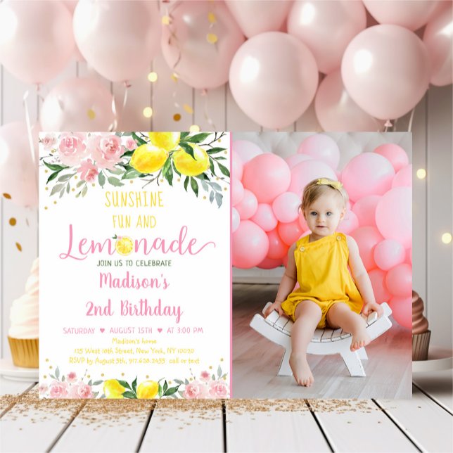 Lemonade Sunshine Pink Gold Floral Birthday Invitation (Creator Uploaded)