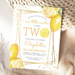 Lemonade Watercolor 2nd Birthday Party Invitation Postcard<br><div class="desc">This citrus themed lemonade second birthday party invitation features a gold geometric frame adorned with watercolor lemons. The word "TWO" appears in yellow capital letters with a watercolor lemon slice in place of the "O." Add your little sweetie's name and birthday in modern yellow handwriting script and the party details...</div>