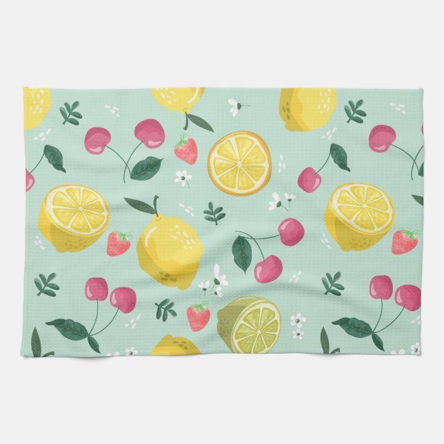 Lemonds, Cherries and Strawberries Fruit Pattern Tea Towel (Horizontal)
