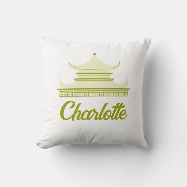 Lemongrass Green Chinoiserie Pagoda Custom Name Cushion (Front)