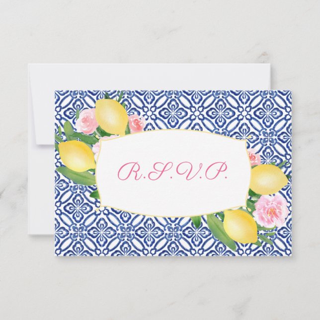 Lemons Amalfi Blue Tiles Wedding Meal Options RSVP Card (Front)