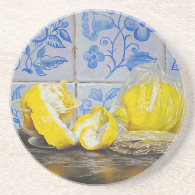 Lemons and Azulejos — Classic Blue & Yellow Still  Coaster (Front)
