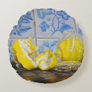 Lemons and Azulejos — Classic Blue & Yellow Still  Round Cushion