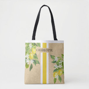 Lemons and Blossoms Monogram Faux Burlap Jute Tote Bag