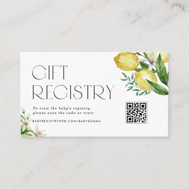 Lemons and Blossoms QR Code Baby Shower Registry Enclosure Card (Front)