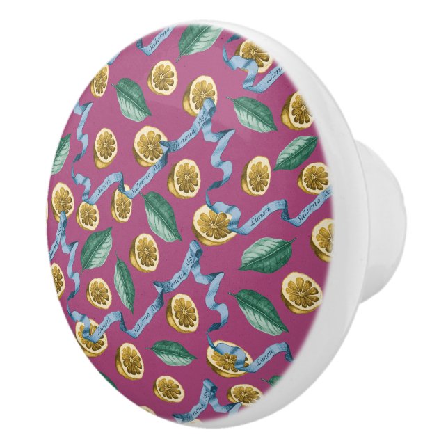 Lemons and blue ribbons pattern ceramic knob (Right)