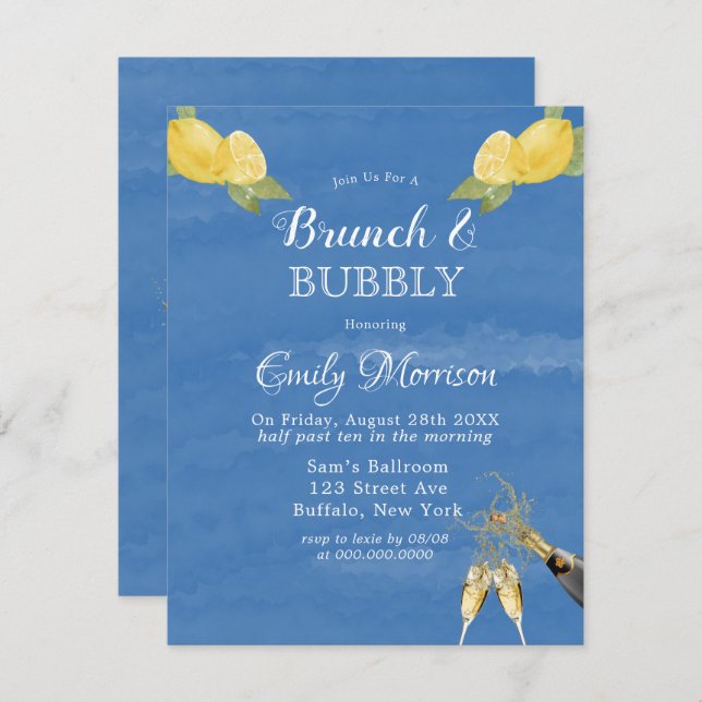 Lemons and Blue Watercolor Brunch & Bubbly  Invitation (Front/Back)