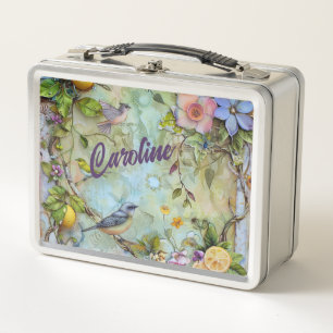 Lemons and Bluebirds Watercolor Metal Lunch Box