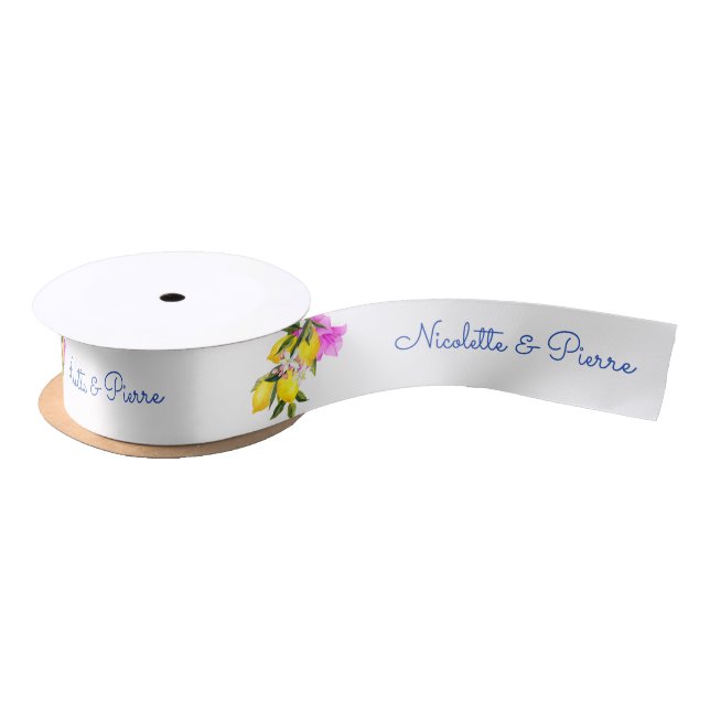 Lemons and bougainvillea personalised name gift satin ribbon (Spool)