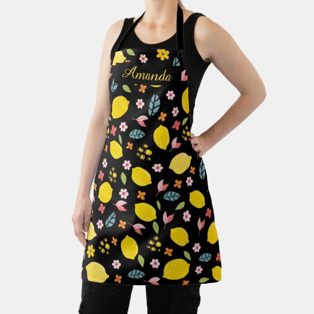 Lemons And Flowers, personalised name Apron (Insitu)