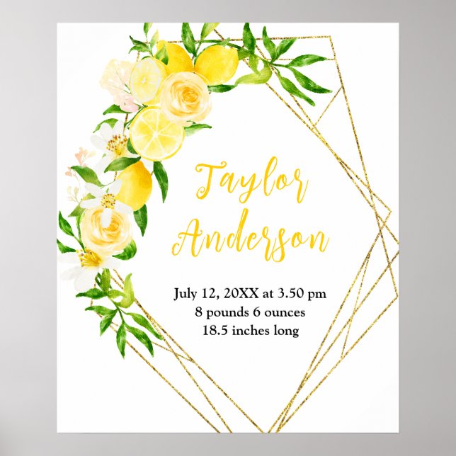 Lemons and Foliage Baby Birth Stats Poster (Front)