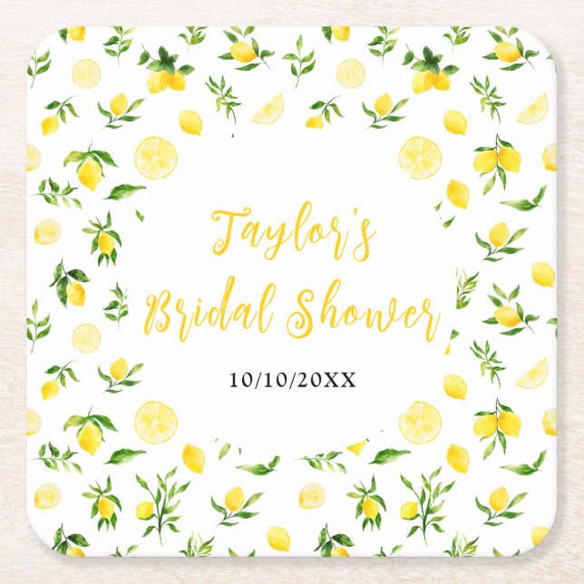 Lemons and Foliage Bridal Shower Square Paper Coaster (Front)