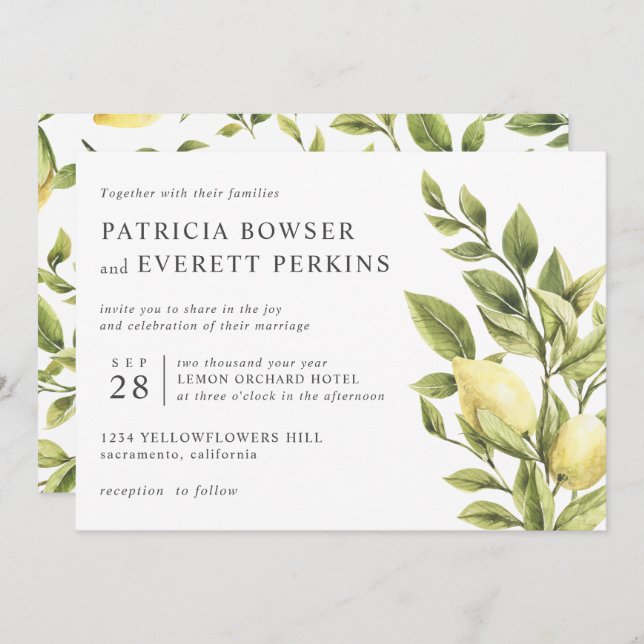 Lemons and foliage watercolor botanical wedding invitation (Front/Back)
