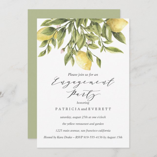 Lemons and Foliage Wedding Engagement Party v2 Invitation (Front/Back)