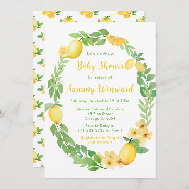 Lemons and Greenery Baby Shower Invitation (Front/Back)