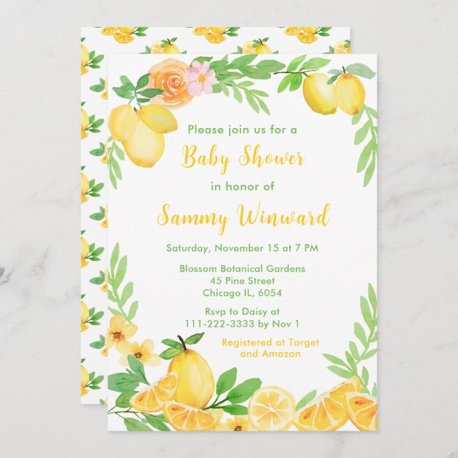 Lemons and Greenery Baby Shower Invitation (Front/Back)