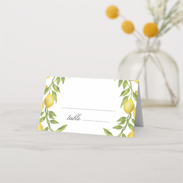 Lemons and Greenery Blossom Wedding Place Card (Front)