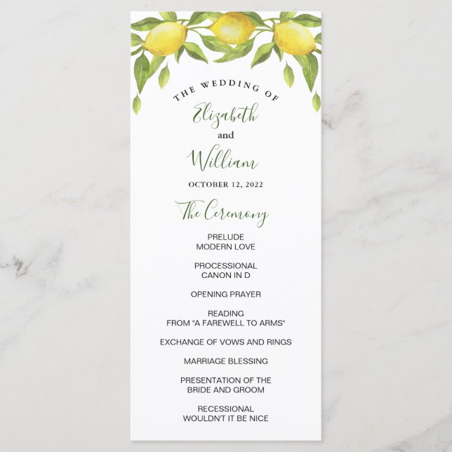 Lemons and Greenery Watercolor Wedding Ceremony Programme (Front)