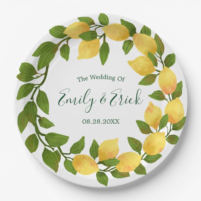 Lemons and Greenery Wreath Wedding Paper Plate (Front)