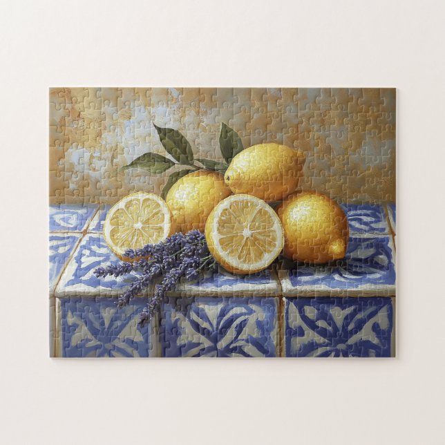 Lemons and Lavender Blue Tile Still Life Jigsaw Puzzle (Horizontal)