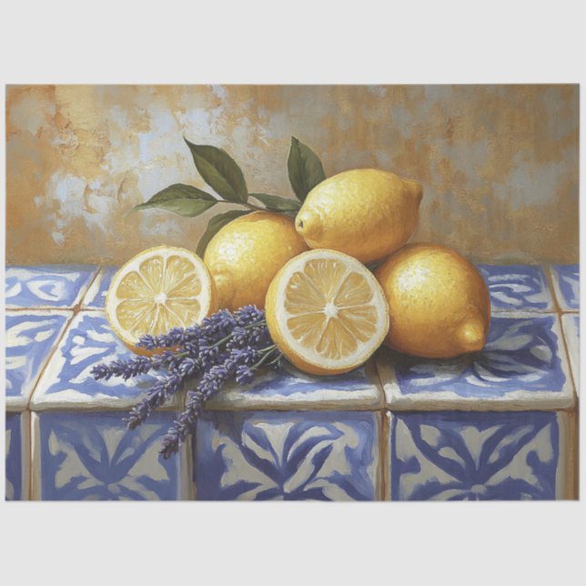 Lemons and Lavender Blue Tile Still Life Tissue Paper (Front)