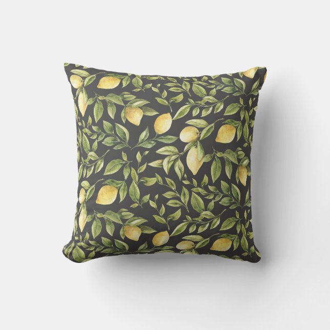 Lemons and Leaves | Charcoal grey | Bright summer Cushion (Front)