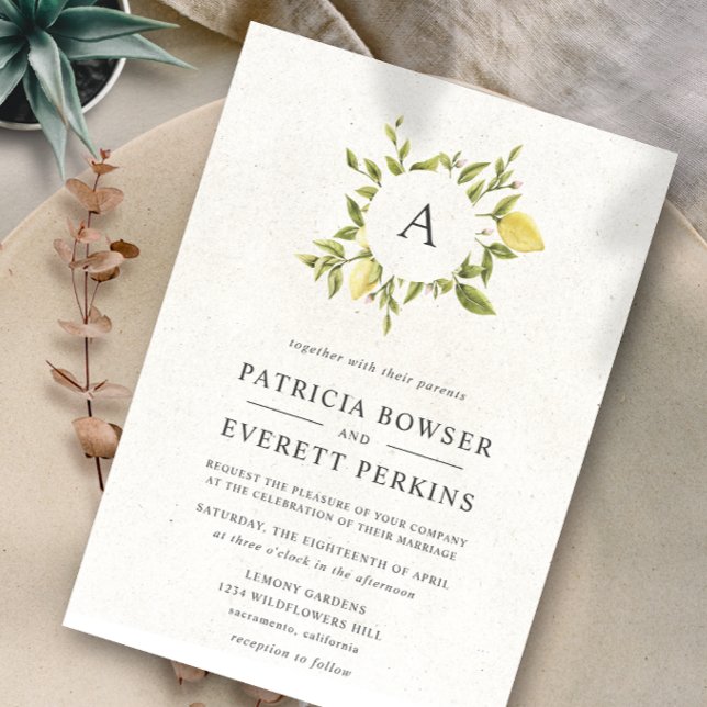 Lemons and leaves Grey Monogram Watercolor Wedding Invitation (Creator Uploaded)