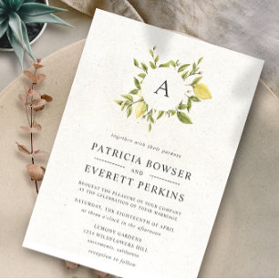 Lemons and leaves Monogram Watercolor Wedding Invitation