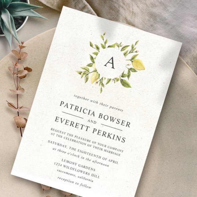 Lemons and leaves | Monogram Watercolor Wedding Invitation (Creator Uploaded)