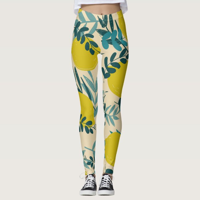 Lemons and leaves, vintage background. leggings (Front)