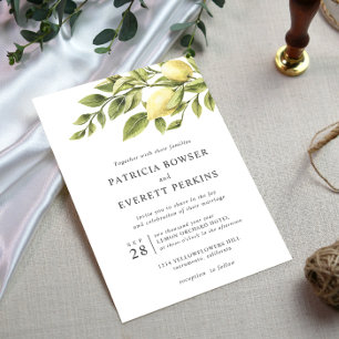 Lemons and leaves watercolor botanical wedding invitation