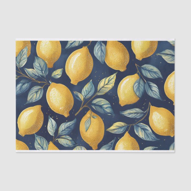 Lemons and Leaves Yellow Blue Pattern Decoupage Tissue Paper (Front)