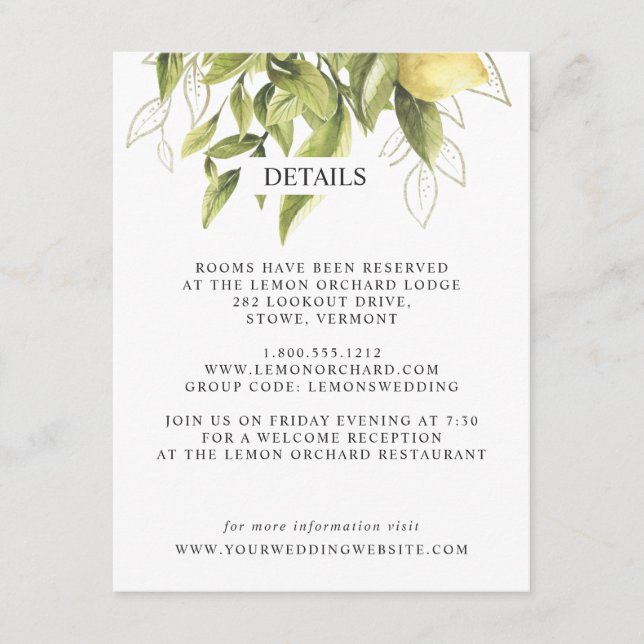 Lemons and leaves | Yellow Chic  WEDDING Details Enclosure Card (Front)