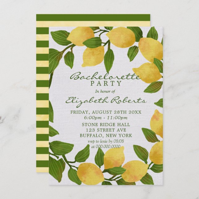 Lemons and Linen Watercolor Bachelorette Party  In Invitation (Front/Back)