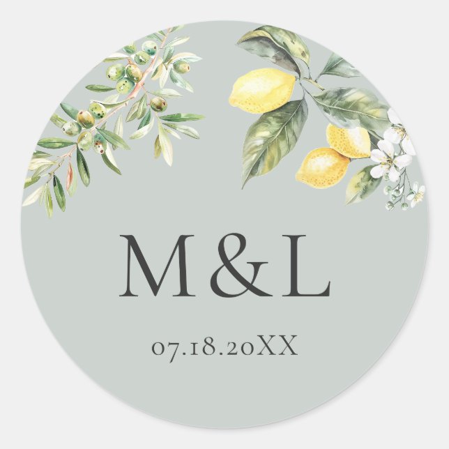 Lemons and Olives Nature Wedding Envelope  Classic Round Sticker (Front)
