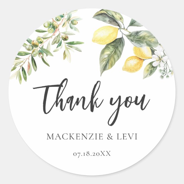 Lemons and Olives Nature Wedding Thank You Favour  Classic Round Sticker (Front)