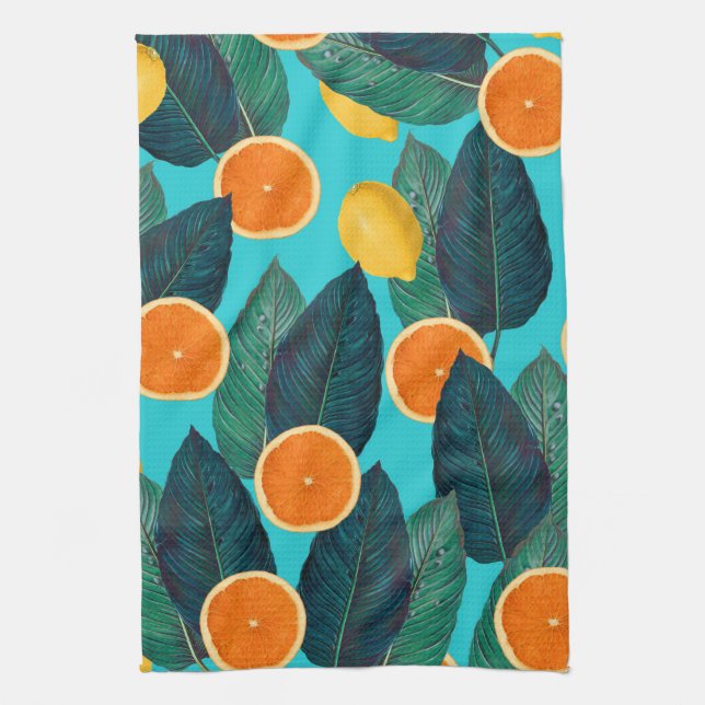 lemons and oranges teal tea towel (Vertical)