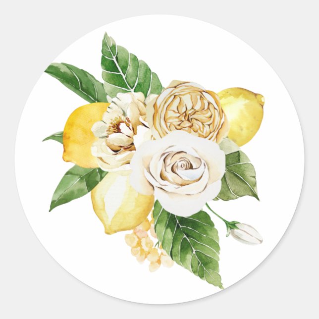 Lemons and roses bouquet classic round sticker (Front)