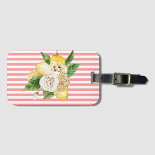Lemons and roses on pink stripes luggage tag