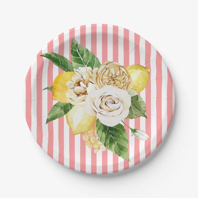 Lemons and roses on pink stripes paper plate (Front)