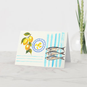 Lemons and sardines coastal greeting card